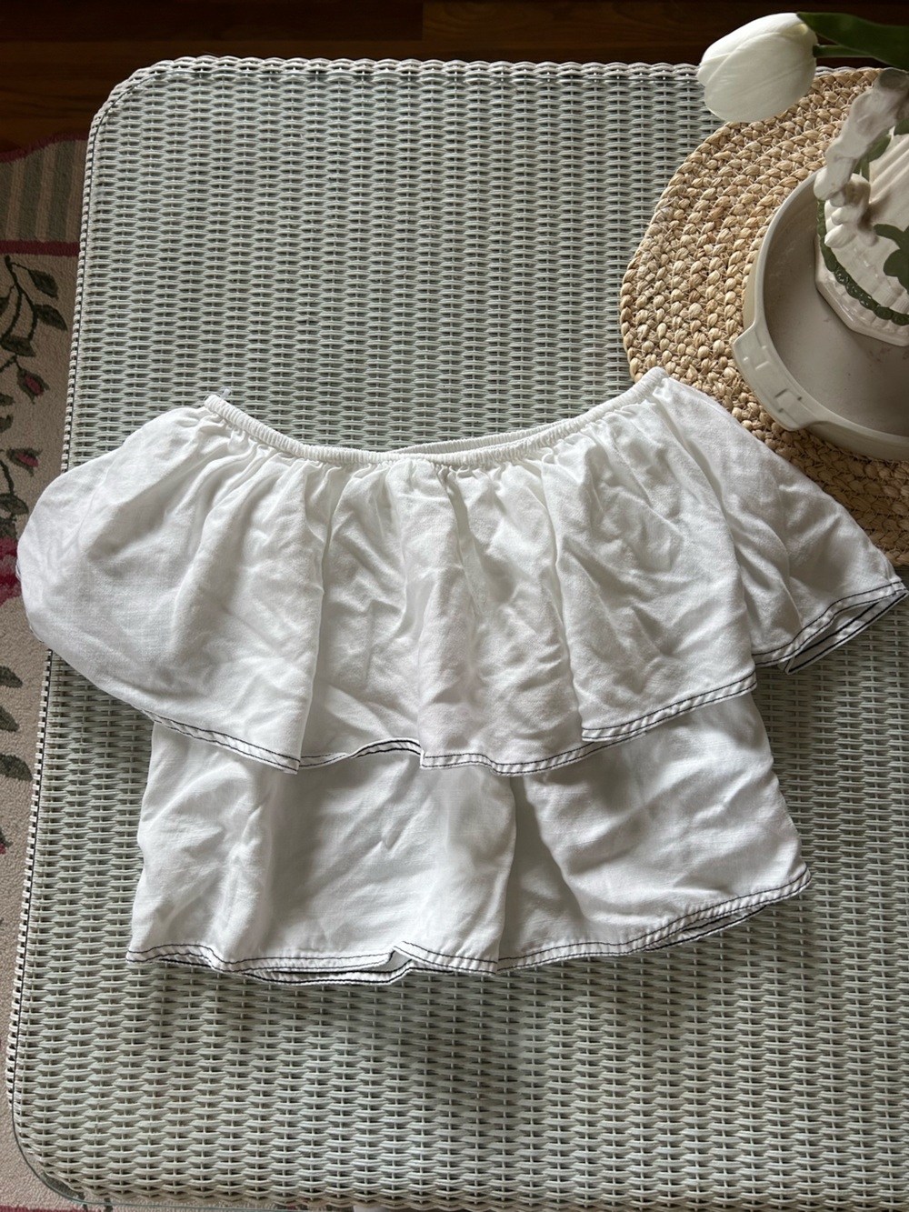Zara White Elasticized Ruffle-Edge Top